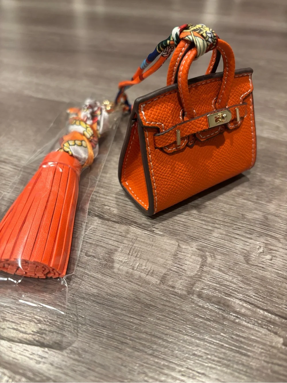 Mini Top Handle Handbag Charm Keychain with Scarf & Tassel – Orange